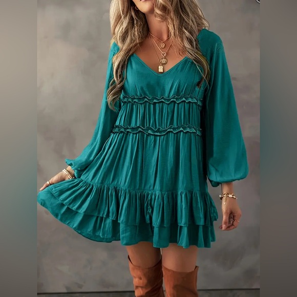 SHEIN Dresses & Skirts - SHEIN Women’s Teal V-Neck Dress Long Sleeve
Ruffle Dress